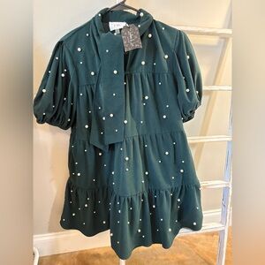 Green Dress with Pearl Details